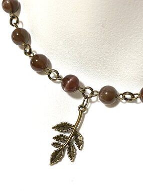 Purple Cat's Eye Adjustable Short Necklace w/ Cute Bronze Leaf Branch Pendant